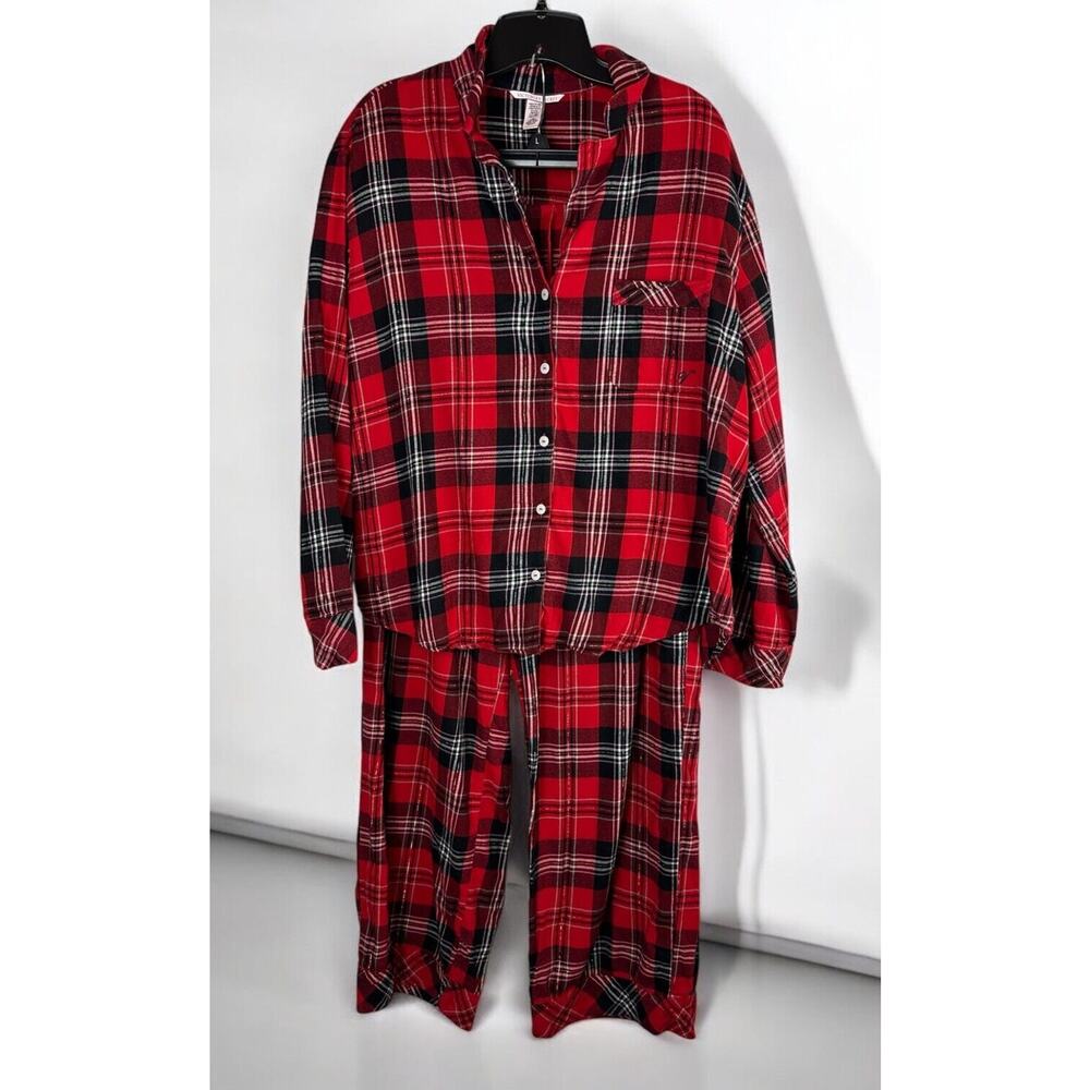 Victoria's Secret Shimmer Flannel Long Sleeve Shirt Pants Plaid Pajama Set Large - Picture 2 of 16